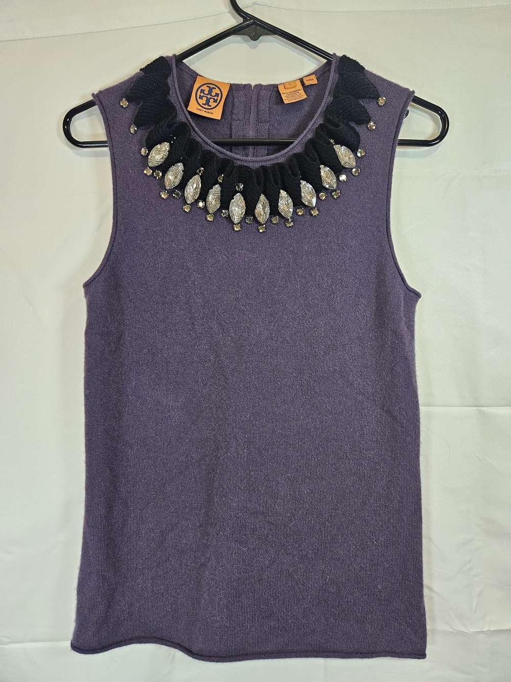 Tory Burch Purple Sleeveless 100% Cashmere Tank with Jeweled Collar
